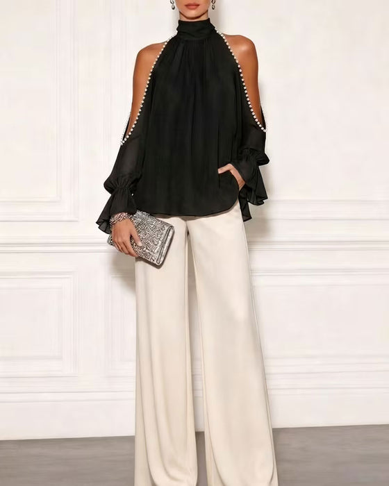 Blouse Turtleneck Off-Shoulder Ruche