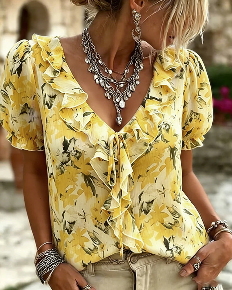 Blouse V-Hals Ruffle Ballon Mouw