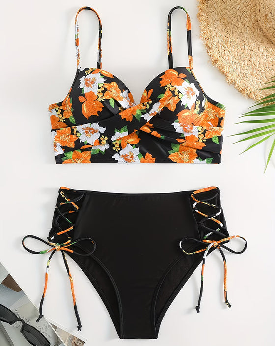 Bikini Kleurblok Bloemenprint Gerimpelde Strik