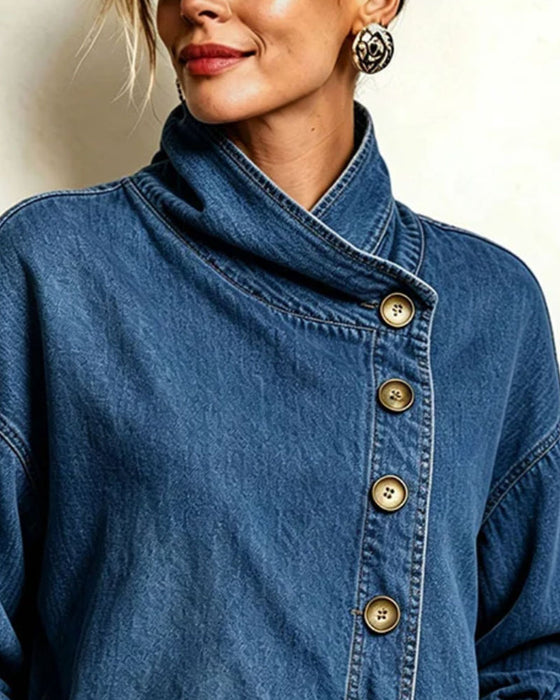 Jas Diagonaal Knoop Staande Kraag Denim
