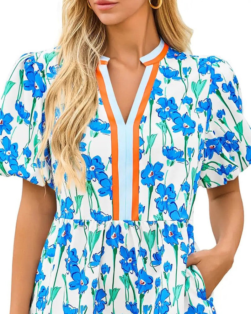 Jurk V-Hals Bloemen Ballon Mouw Patchwork