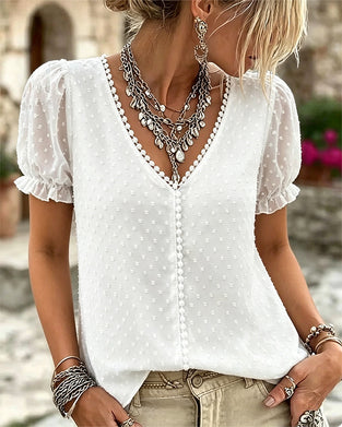 Blouse Jacquard V-Hals Kant