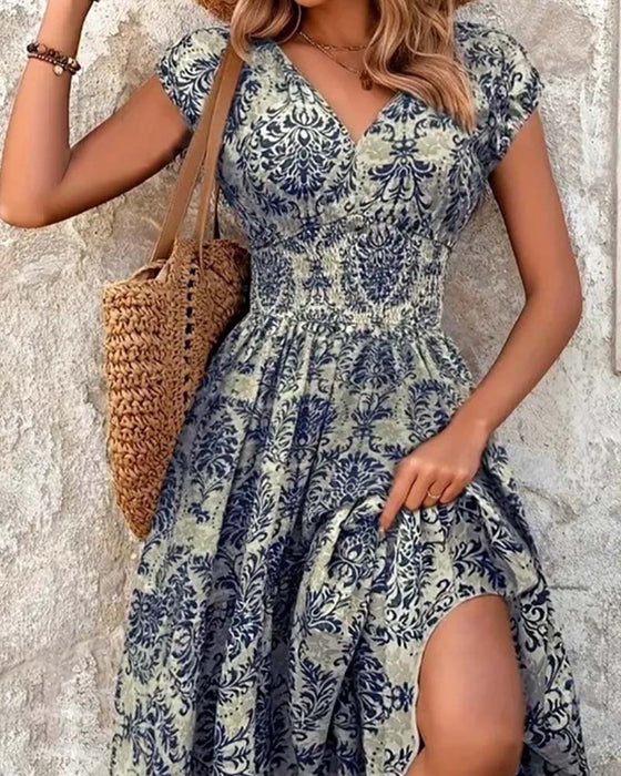 Jurk Retro Print V-Hals Ingesnoerde Taille Lang