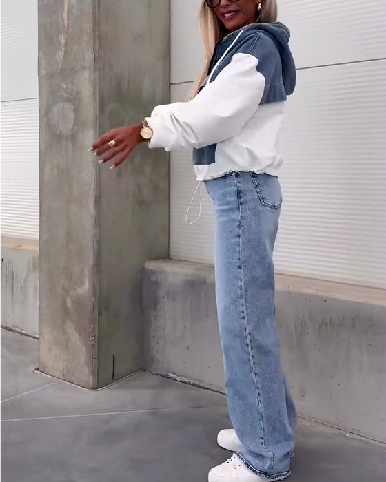 Casual denim patchwork hoodie met rits