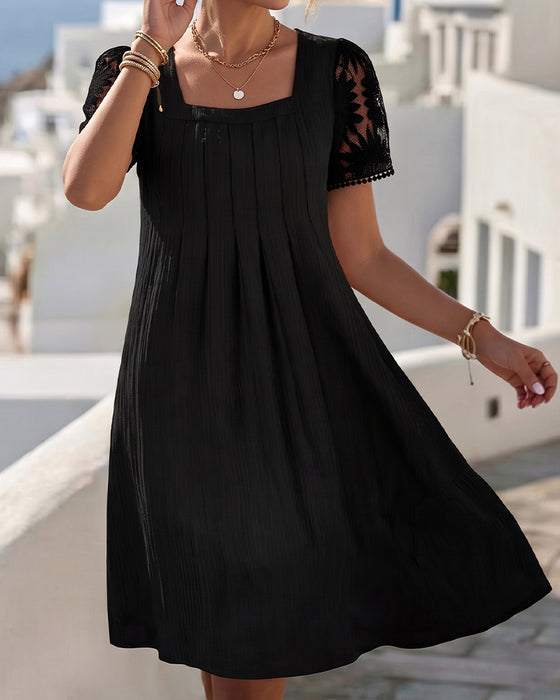 Jurk Vierkante Hals Effen Kant Patchwork Hoge Taille