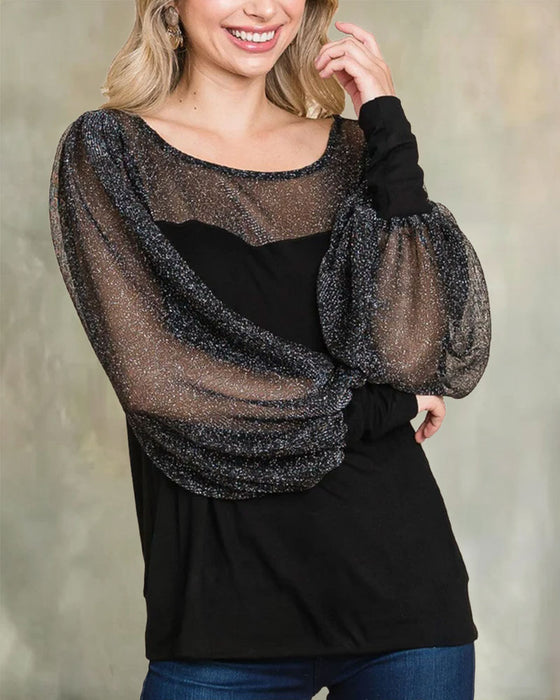 Blouse Sheer Pofmouw Paneel Relaxed