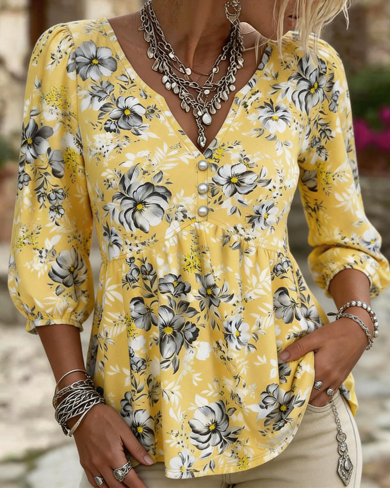 Blouse V-Hals 3/4 Mouw Bloemen