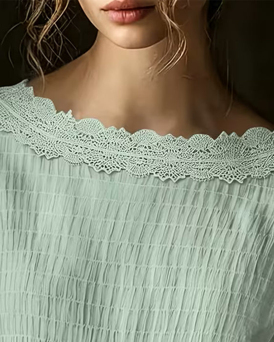 Blouse Ronde Hals Gerimpeld Kant Paneel Effen