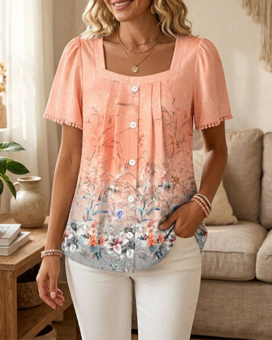 Blouse Vierkante Hals Gerimpeld Print Franje
