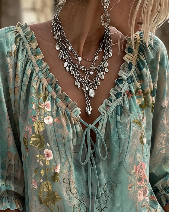 Blouse Bloemen Afdruk Trekkoord Driekwart Mouw