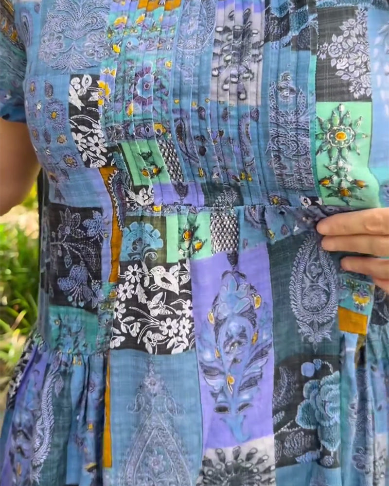 Jurk Ronde Hals Geplooid Bedrukt A-Lijn