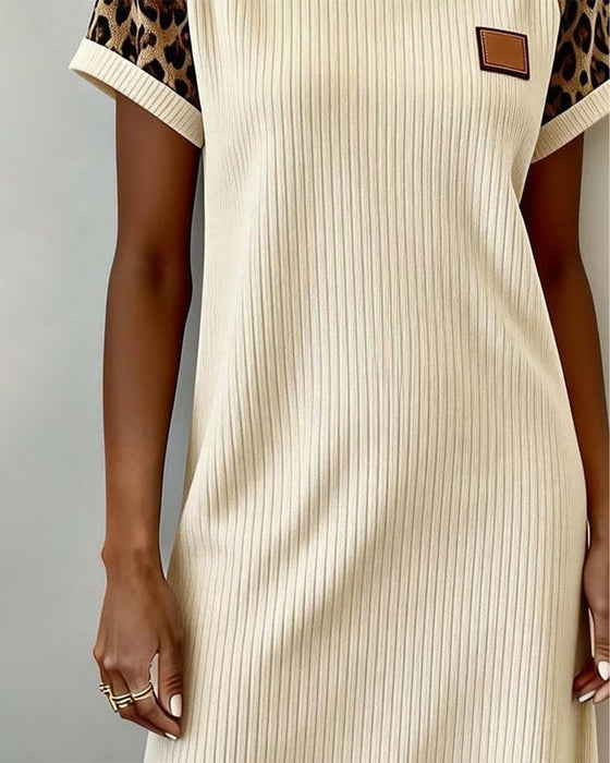 Jurk Ronde Hals Luipaardprint Kleurblok