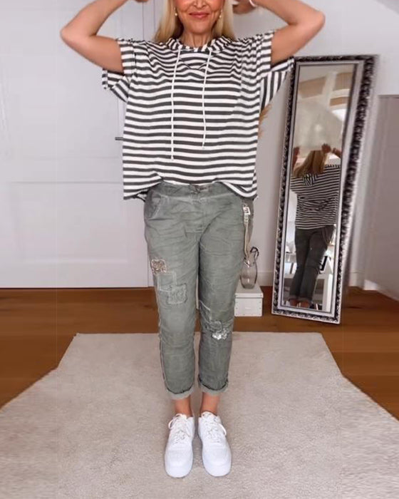 T-Shirt Met Capuchon Casual Gestreept