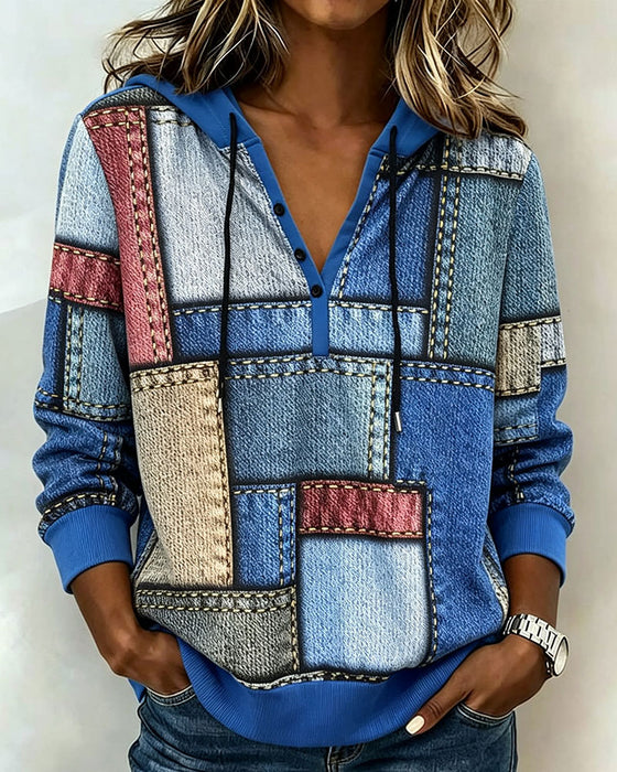 Hoodie V-Hals Kleurblok Knoop
