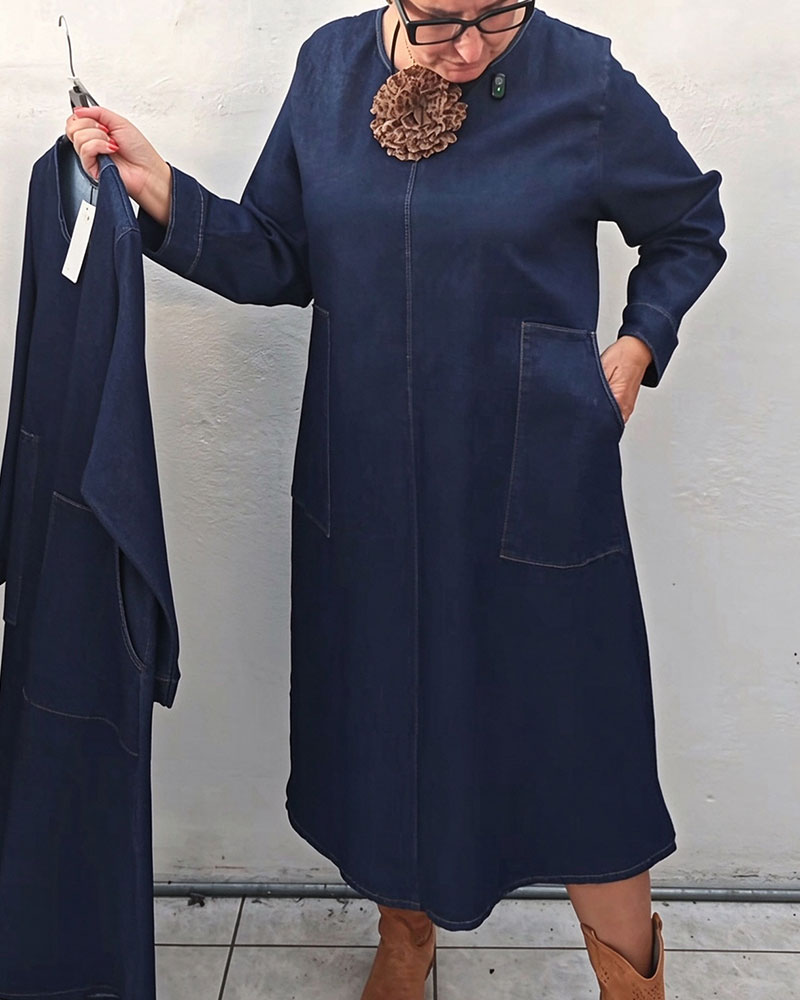 Jurk Ronde Hals Zak Recht Lange Mouw Denim