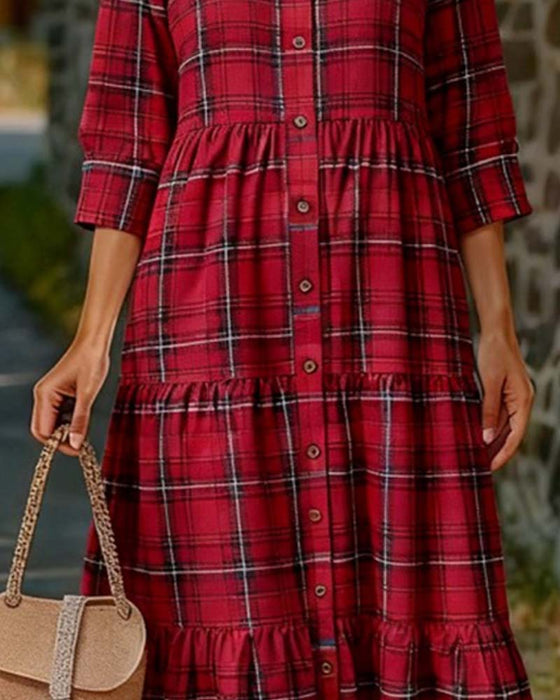 Jurk Plaid Zeven-Kwart Mouw Gelaagd