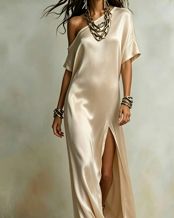 Jurk Satin Enkel Schouder Split Maxi