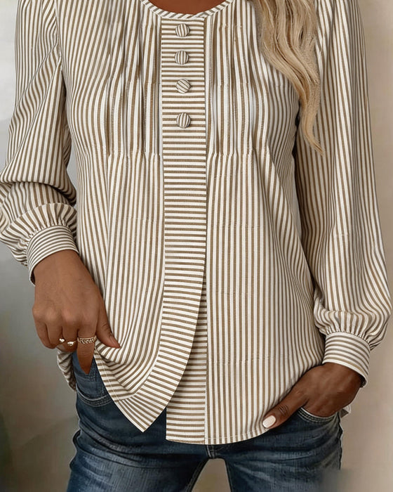 Blouse Ronde Hals Knoop Voor Streep Pofmouw