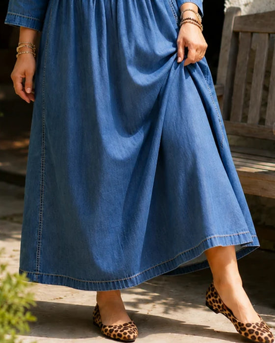 Jurk Ronde Hals Geplooid Lange Mouw Denim