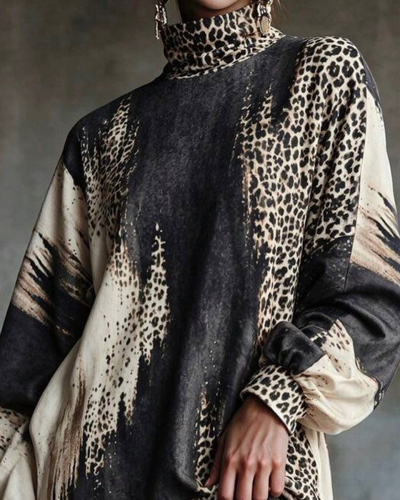 Jurk Turtleneck Luipaard Kleurblok