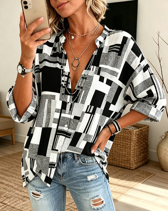 Blouse Geometrische Print V-Hals Relaxed