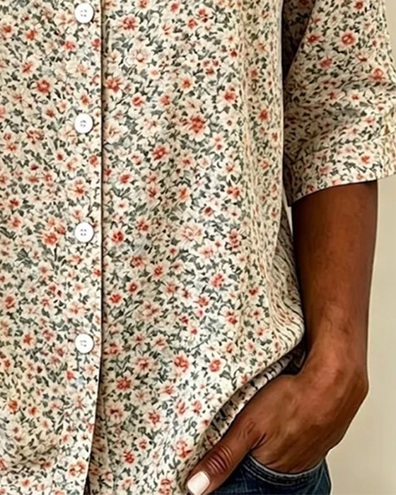 Blouses Ronde Hals Knoop Bloemen Driekwart Mouw