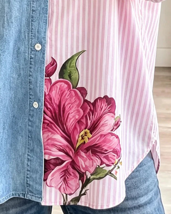 Overhemd Bloemig Streep Denim Patchwork