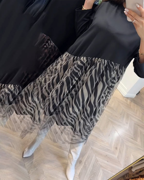 Jurk Met Ronde Hals En Patchwork Mesh-Print