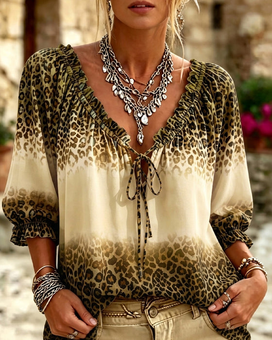 Blouse V-Hals Luipaardprint Vetersluiting