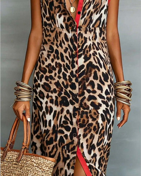 Jurk Knoopsgat Luipaard Afdruk Contrast Maxi