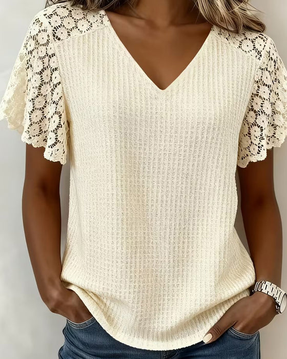T-Shirt V-Hals Wafel Kant Patchwork Effen