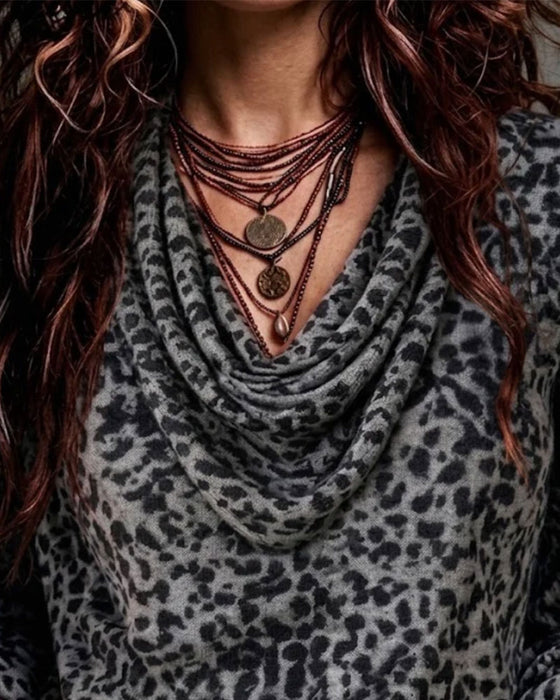 Blouse Mock Hals Luipaard Lange Mouw