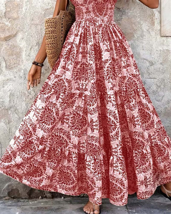Jurk Retro Print V-Hals Ingesnoerde Taille Lang