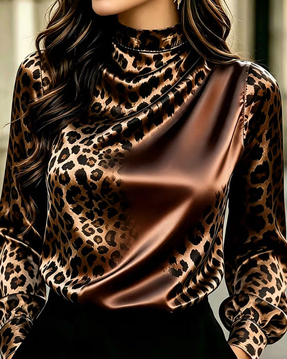 Blouse Mock Hals Luipaard Contrast Drapering