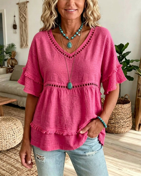 Blouse Uitsnijding Franjes V-Hals Uitlopende Mouw