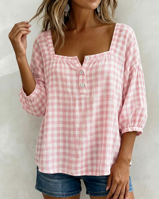 Blouse Vierkante Hals Knoopsluiting Ruit