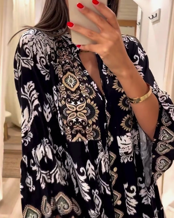 Vintage losse jurk met print en geplooide