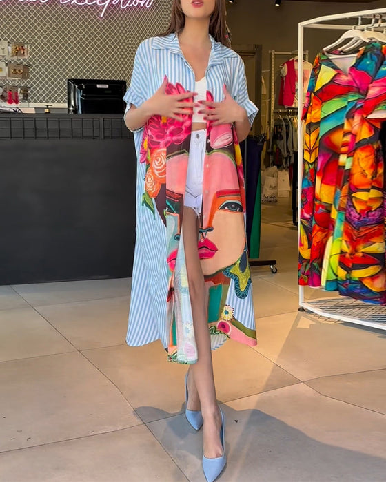 Verticale gestreepte blouse met reverssplit en karakterprint