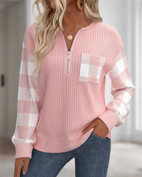 Sweatshirt Met Half-Zip Ontwerp, Ruitpatroon En Patchworkdetail
