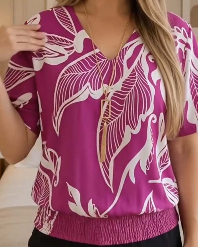Blouse Bloemenprint Elastische Zoom Korte Mouw
