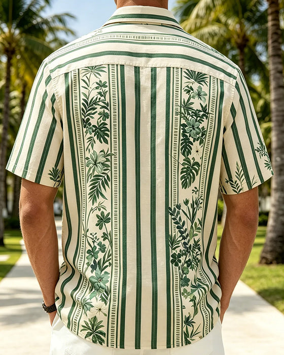 Overhemden Knoopsgat Botanisch Print Korte Mouw