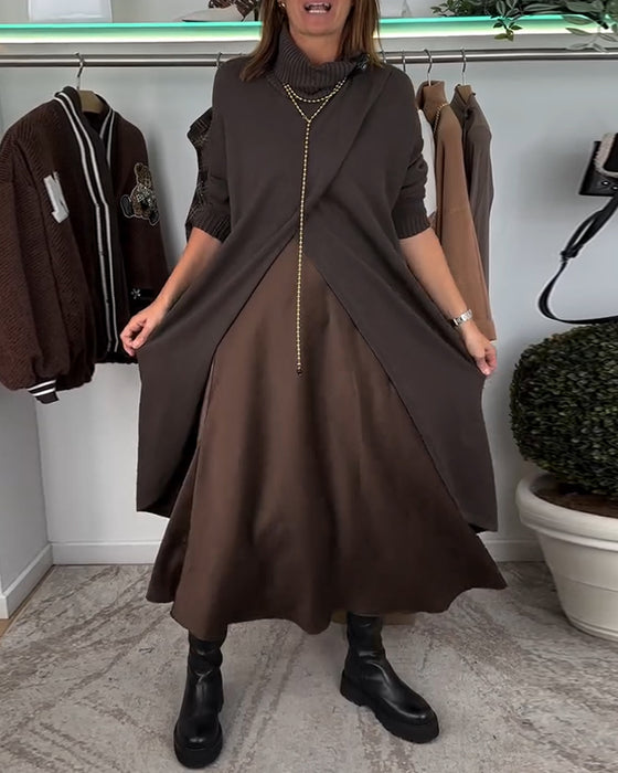 Mode effen kleur pullover met hoge kraag en split