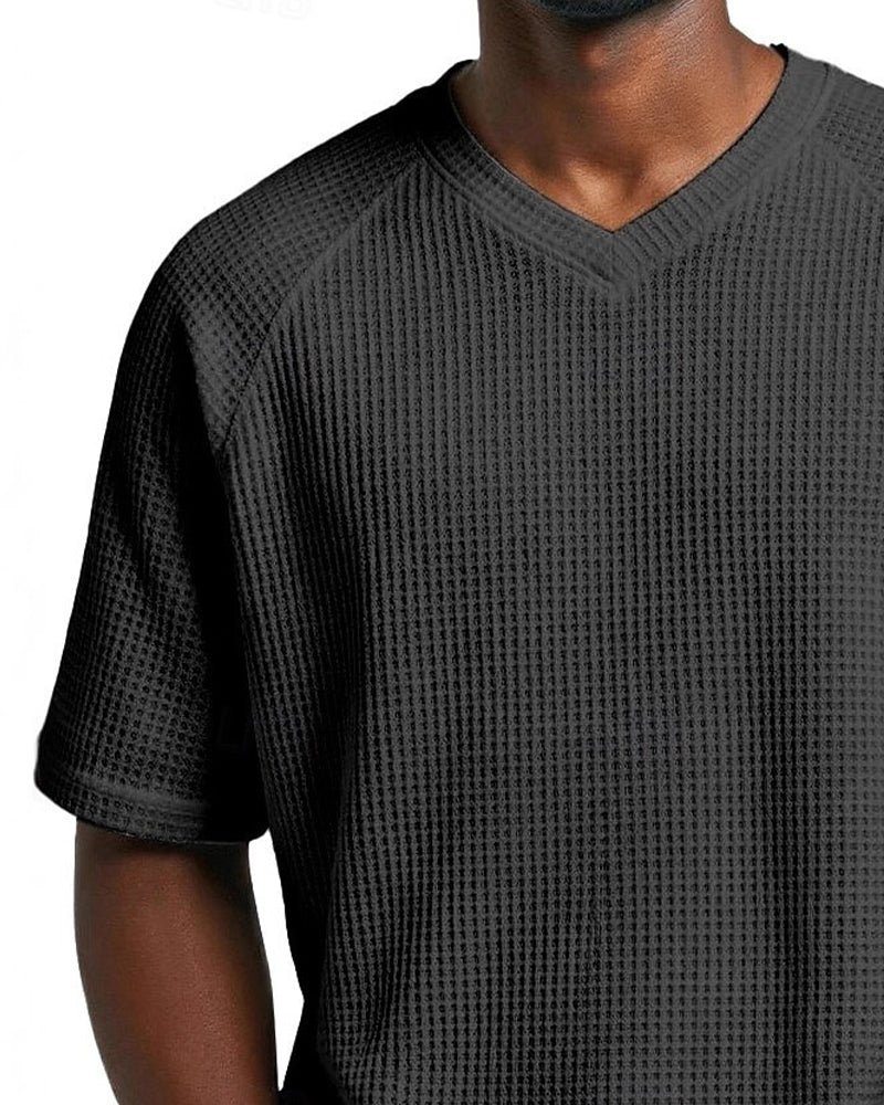 Heren V-Hals T-Shirt Met Wafelstructuur, Casual Short-Sleeve Top In Effen Kleur
