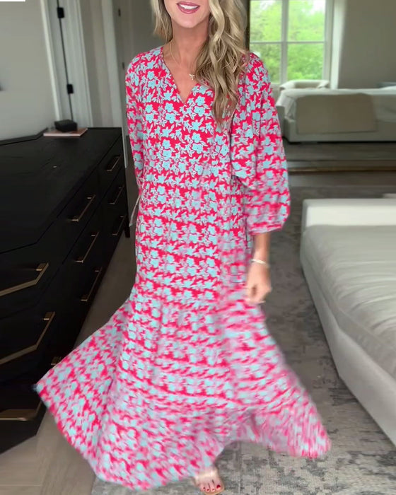 Bloemenjurk met V-hals en lantaarnmouwen