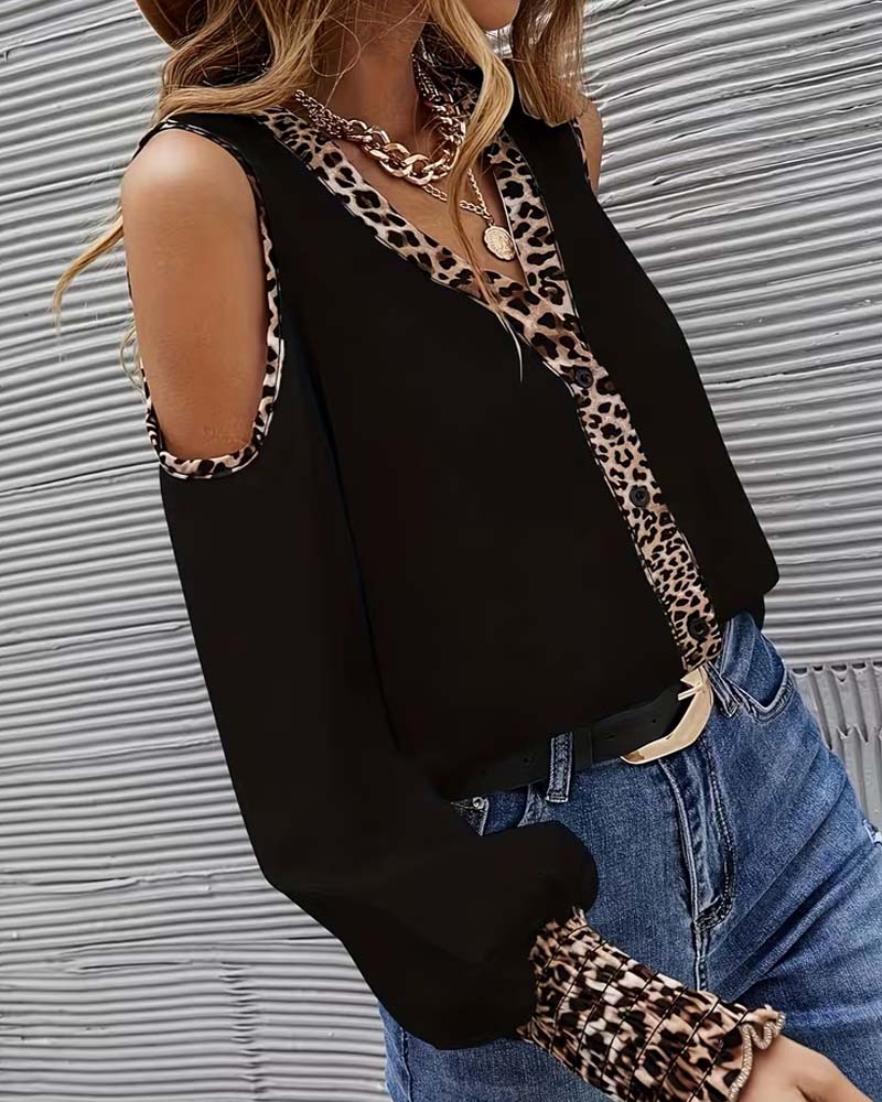Blouse Off-Schouder Luipaard Patchwork Lange Mouw