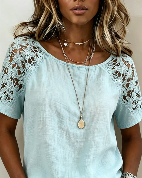 Blouse Kant Hollow Out Patchwork Korte Mouw