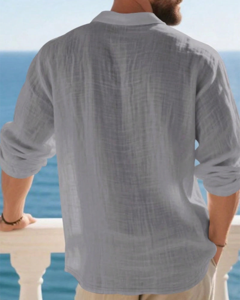 Overhemd Heren Lichtgewicht Los Linnen Lange Mouw Polo