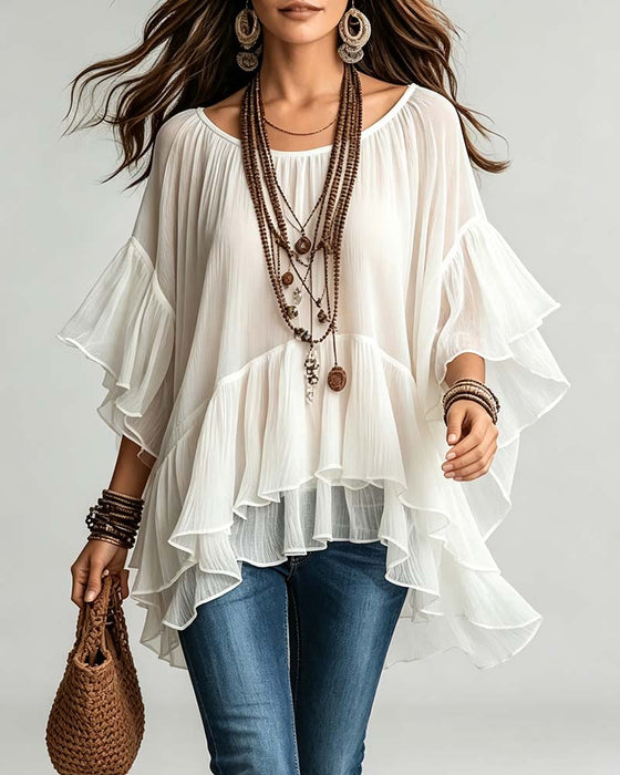Blouse Ronde Hals Dubbele Laag Ruche Onregelmatige Mouw