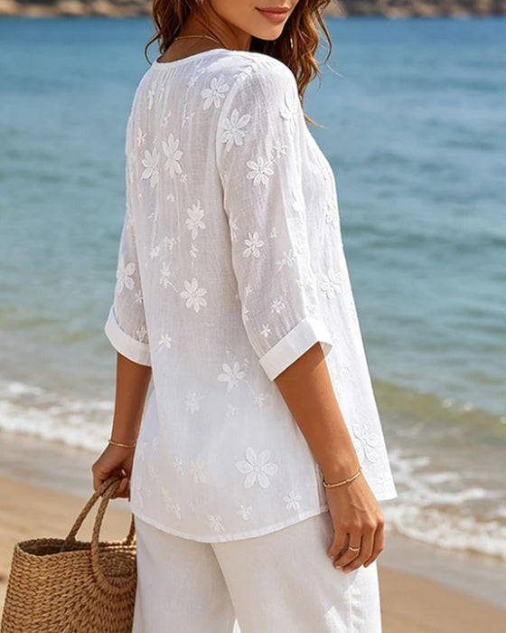 Blouse Knoop Voor Gerimpeld Bloemig Effen