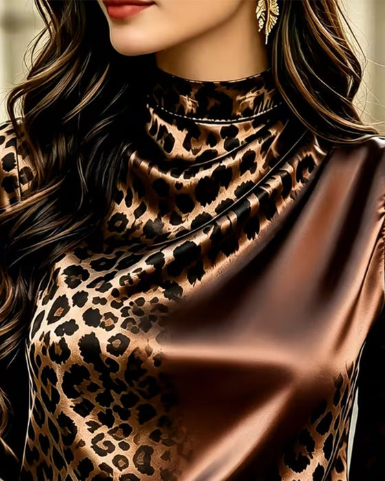 Blouse Mock Hals Luipaard Contrast Drapering